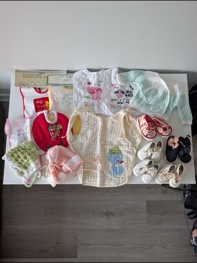 Vintage Baby Apparel & Accessories - Bibs, Shoes, Cardigan, Hats, Many Handmade